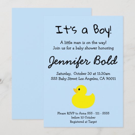 Yellow Duck Boy Baby shower Invitation Kaart (Voorkant / Achterkant)