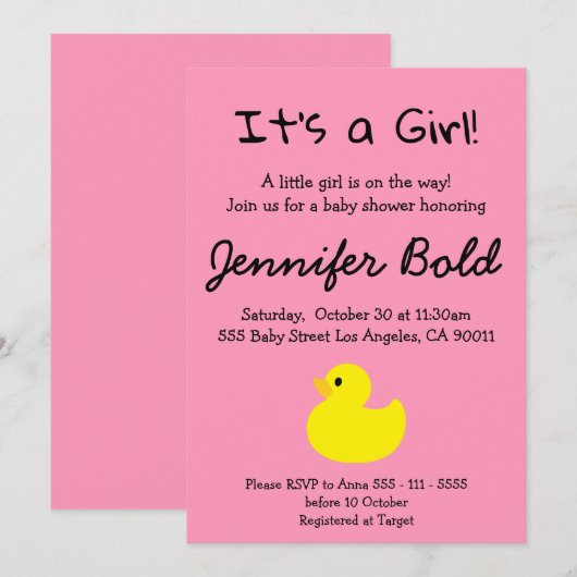 Yellow Duck Girl Baby shower Invitation Kaart (Voorkant / Achterkant)