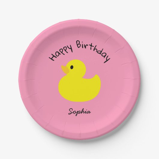Yellow Duck Happy Birthday roze kleur Papieren Bordje (Voorkant)