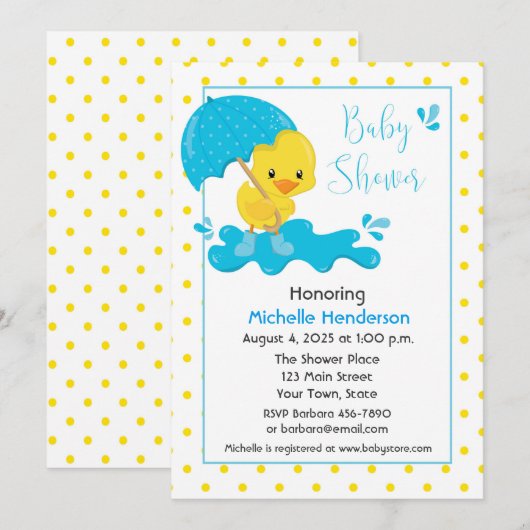 Yellow Duck, Umbrella en Polka Dots Baby shower Kaart (Voorkant / Achterkant)