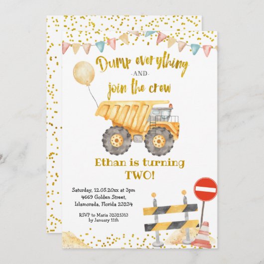 Yellow Dump Truck Boy Birthday Party Kaart (Voorkant / Achterkant)