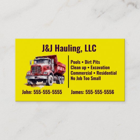 Yellow Dump Truck Visitekaartje (Voorkant)