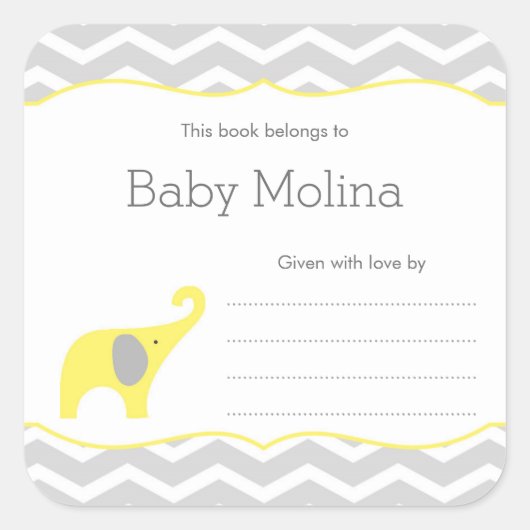 Yellow Elephant Baby shower Boekplaat, neutraal Vierkante Sticker (Voorkant)