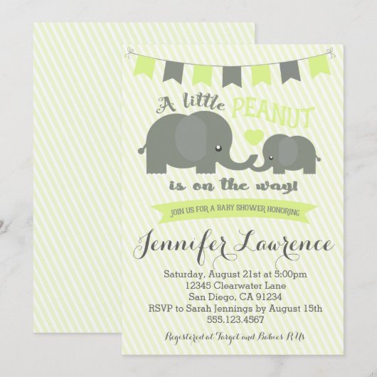 Yellow Elephant Baby shower Invitation Boy of Girl Kaart (Voorkant / Achterkant)