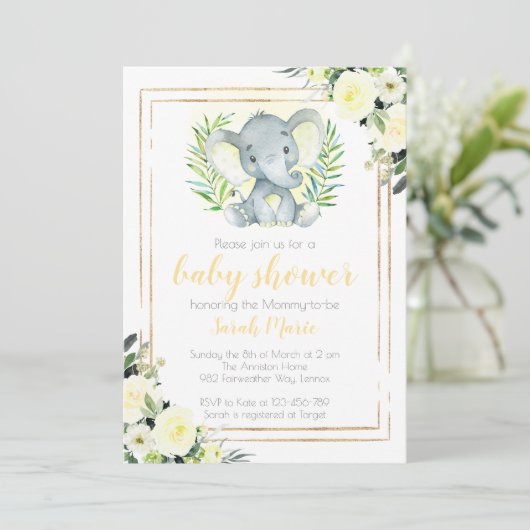Yellow Elephant Baby shower Invitation Kaart (Staand voorkant)