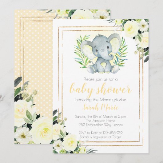 Yellow Elephant Baby shower Invitation Kaart (Voorkant / Achterkant)