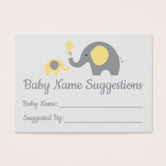 Yellow Elephant Baby shower Naam Suggestie Kaarten Visitekaartje (Voorkant)