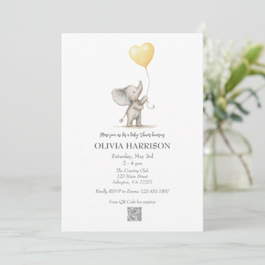 Yellow Elephant Balloon Baby shower Invitation Kaart (Staand voorkant)