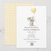 Yellow Elephant Balloon Baby shower Invitation Kaart (Voorkant / Achterkant)