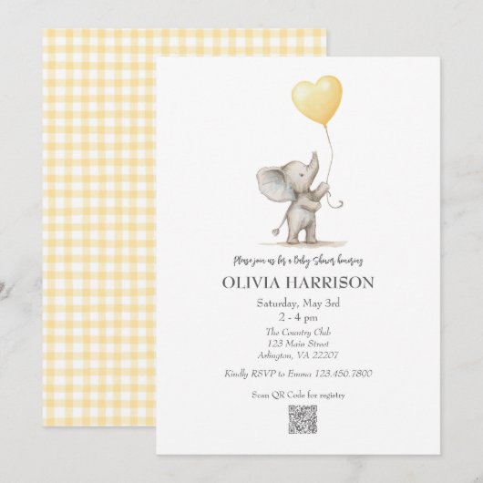 Yellow Elephant Balloon Baby shower Invitation Kaart (Voorkant / Achterkant)