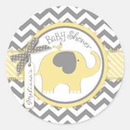Yellow Elephant en Chevron Print Baby shower Ronde Sticker