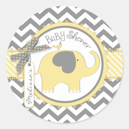 Yellow Elephant en Chevron Print Baby shower Ronde Sticker (Voorkant)
