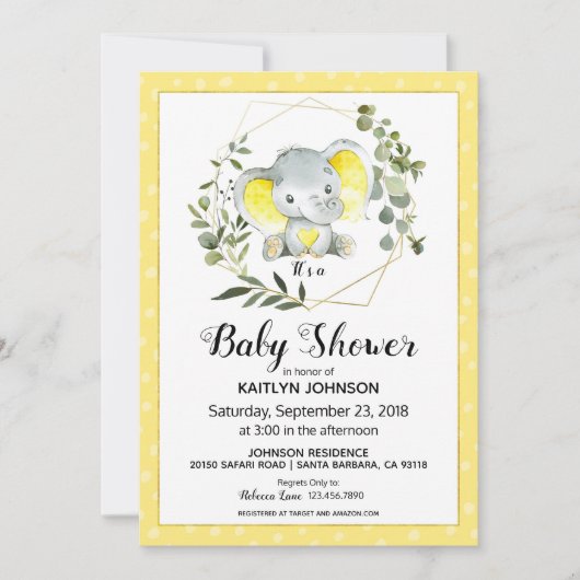 Yellow Elephant Modern Baby shower Kaart (Voorkant)