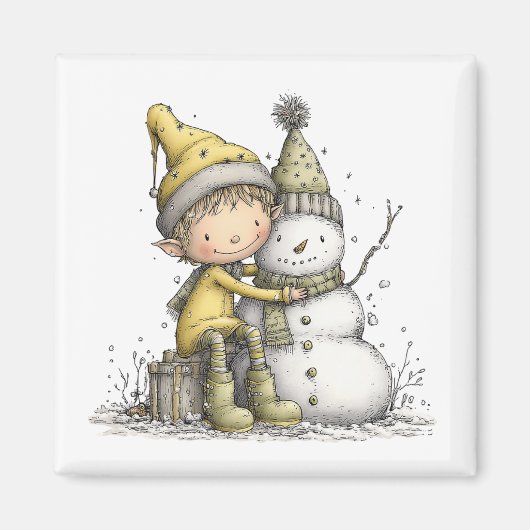 Yellow Elf Snowman Christmas Magnet (Voorkant)