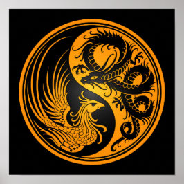 Yellow en Black Dragon Phoenix Yin Yang Poster