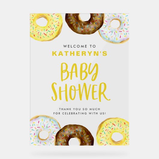 Yellow en Chocolate Donuts Baby shower Welkom Acryl Bord (Voorkant)