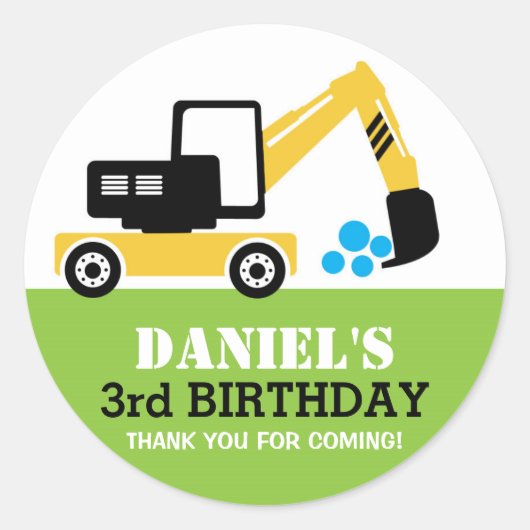 Yellow Excavator Kids Birthday Party Sticker (Voorkant)