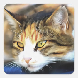 Yellow Eyed Calico Cat Realistic Pet Portret Vierkante Sticker