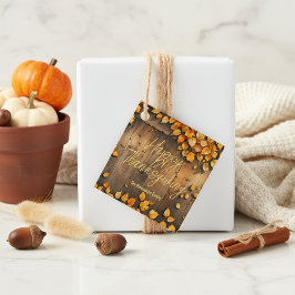 Yellow Fall Leaves op Barn Wood Thanksgiving Bedankjes Labels
