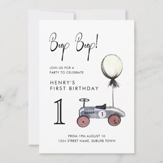 Yellow First Birthday  Race Car Invitation Kaart (Voorkant)
