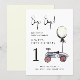 Yellow First Birthday  Race Car Invitation Kaart
