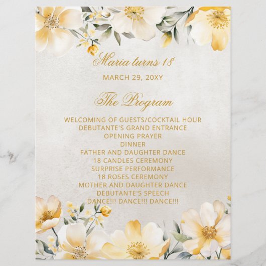 Yellow Floral 18 Candle and Rozen Ceremony Program (Voorkant)
