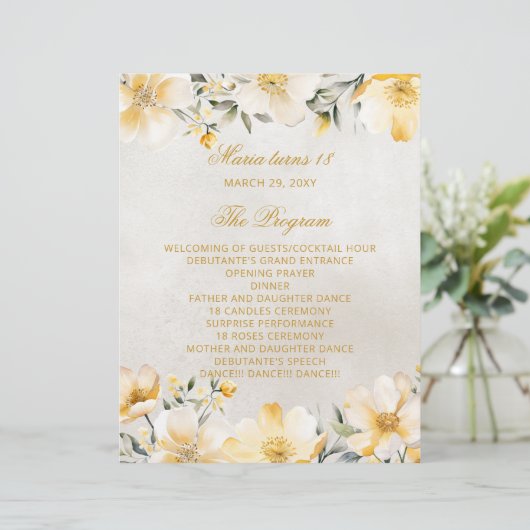 Yellow Floral 18 Candle and Rozen Ceremony Program (Staand voorkant)