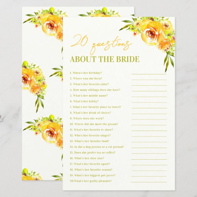Yellow Floral 20 Questions About the Bride Game (Voorkant / Achterkant)