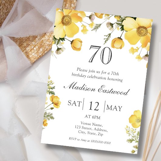 Yellow Floral 70th Birthday Invitation Kaart