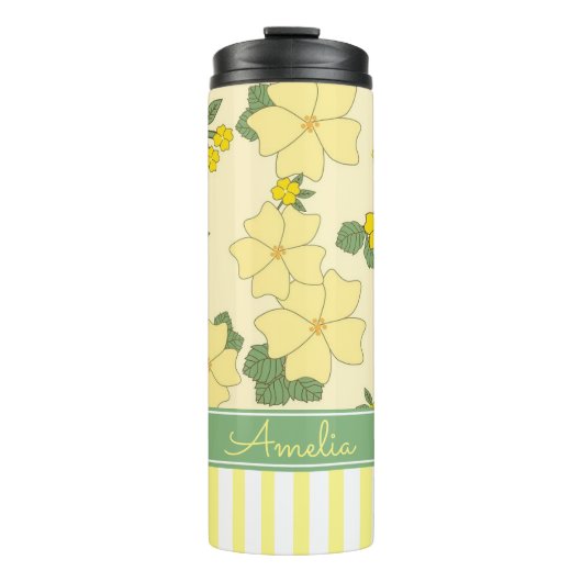 Yellow Floral and Stripes Personalised Thermosbeker (Voorkant)