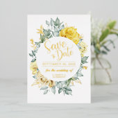 Yellow floral classical botanical bruiloft Save Da Folie Uitnodiging (Staand Voorkant)