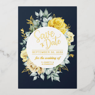 Yellow floral classy navy blue bruiloft Save Date Folie Uitnodiging