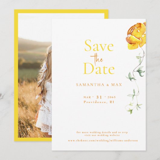 Yellow Floral De twee van ons foto Save the Date (Voorkant / Achterkant)