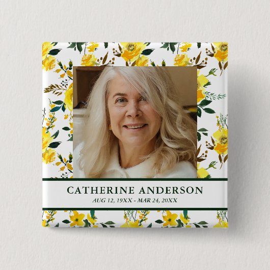 Yellow Floral Funeral Memorial Foto Button (Voorkant)