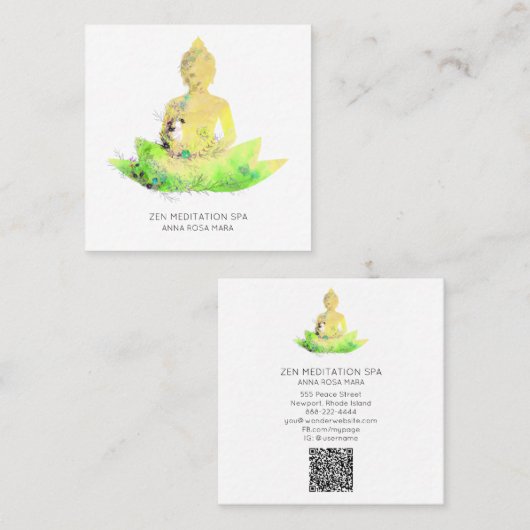 *~* Yellow Floral Lotus Buddha Meditation QR AP33 Vierkante Visitekaartje (Voorkant / Achterkant)