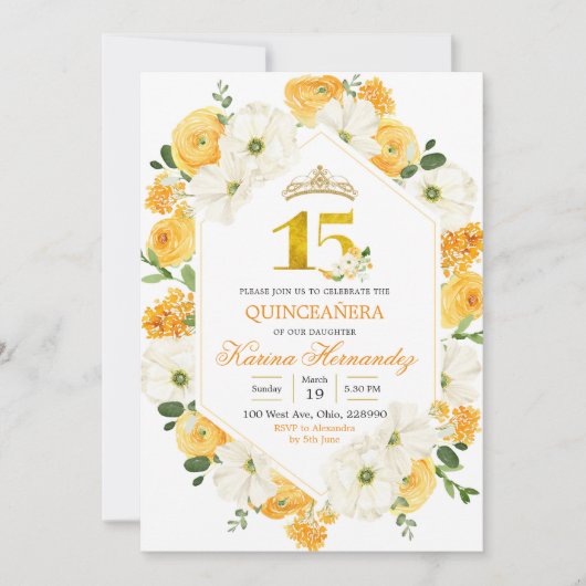 Yellow Floral Mis Quince 15 Birthday Invitation Kaart (Voorkant)