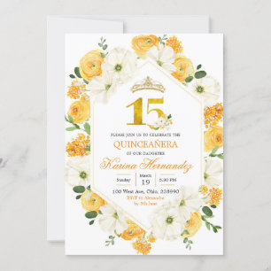 Yellow Floral Mis Quince 15 Birthday Invitation Kaart