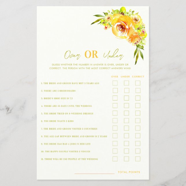Yellow Floral Over or Under Bridal Shower Game (Voorkant)