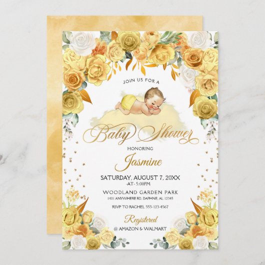 Yellow Floral Sleeping Baby shower Invitation Kaart (Voorkant / Achterkant)