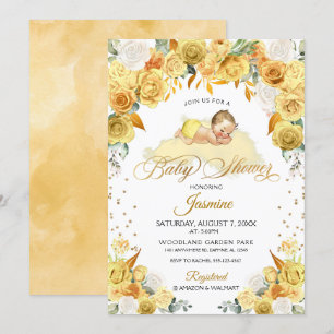 Yellow Floral Sleeping Baby shower Invitation Kaart