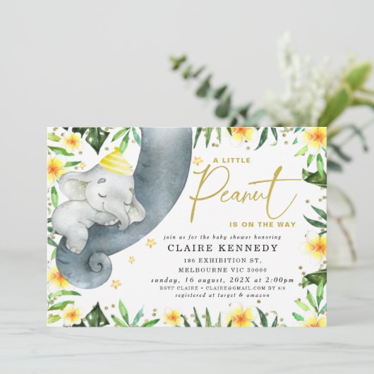 Yellow Floral Sleeping Elephant Trunk Baby shower Kaart (Staand voorkant)