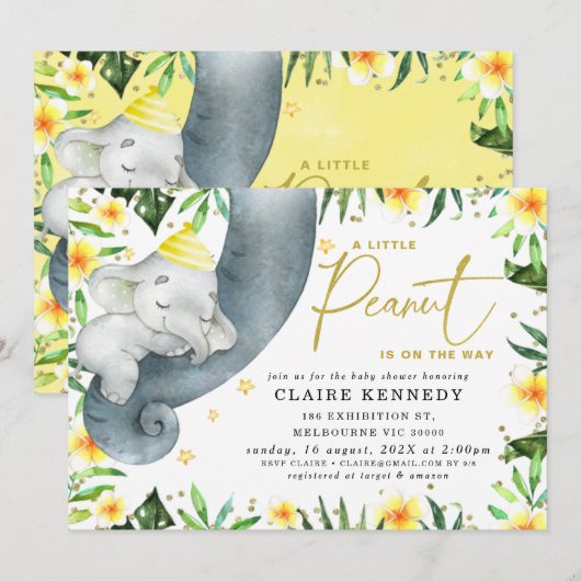 Yellow Floral Sleeping Elephant Trunk Baby shower Kaart (Voorkant / Achterkant)