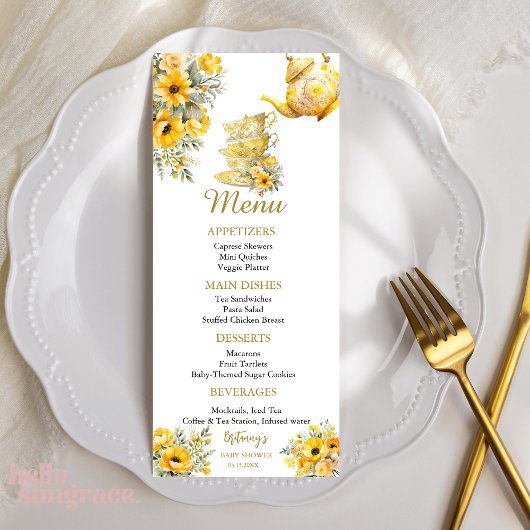 Yellow Floral tea cups with teapot baby shower Menu