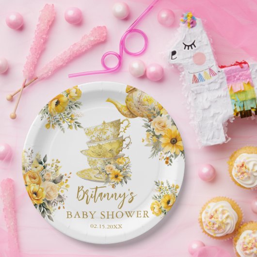 Yellow Floral Tea Party Cups Baby shower Papieren Bordje (Feest)