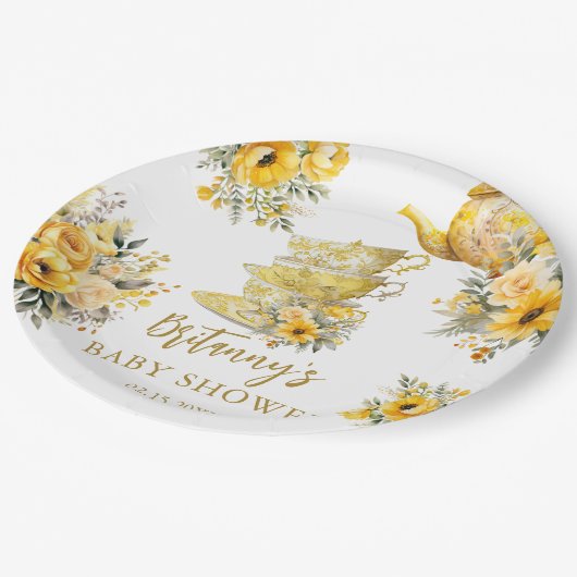 Yellow Floral Tea Party Cups Baby shower Papieren Bordje (Gekanteld)