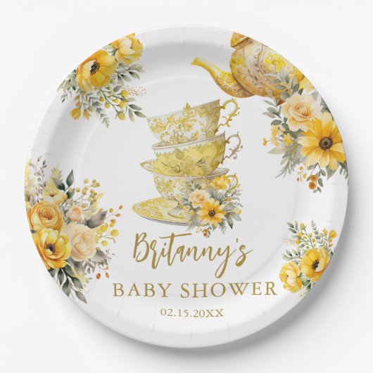 Yellow Floral Tea Party Cups Baby shower Papieren Bordje (Voorkant)