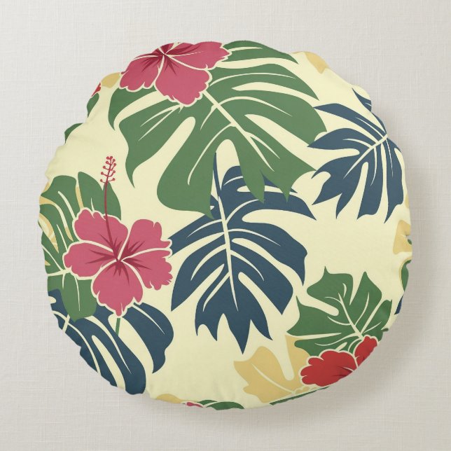 Yellow Floral Tropical Round Pillow Rond Kussen (Voorkant)