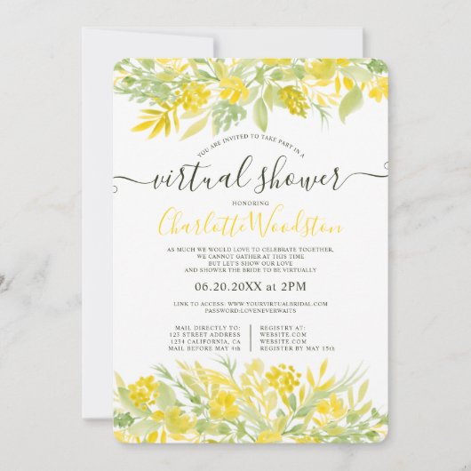 Yellow Floral waterverf script virtual shower Kaart (Voorkant)