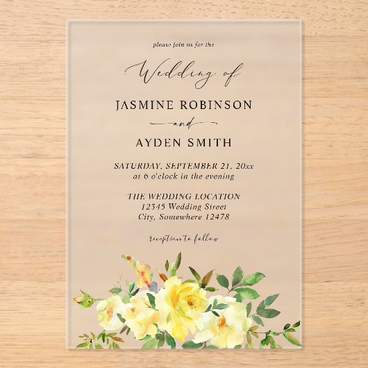 Yellow Floral Wedding Acryl Uitnodigingen (Voorkant)