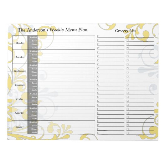 Yellow Floral Weekly Personalized Menu Planner Notitieblok (Voorkant)
